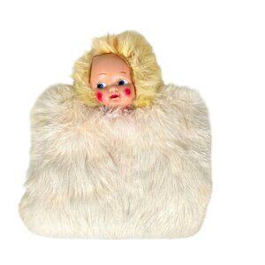 Vintage Doll Face Hand Muff Real Rabbit Fur Rubber Face 1950s Girls Winter Retro